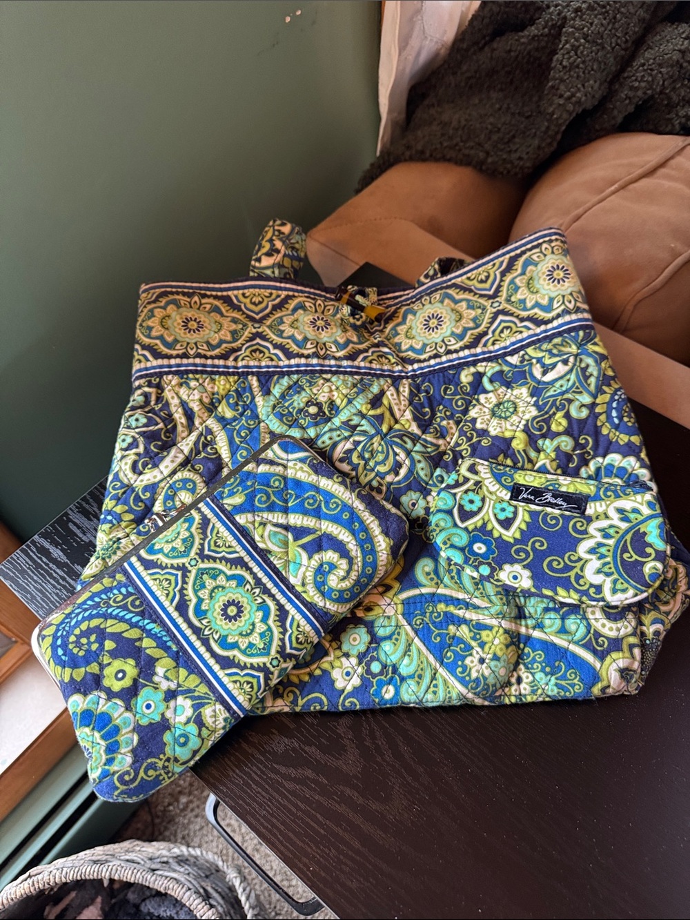 Vera Bradley Quilted Paisley Tote in Blue & Greene. Wallet and coin purse
